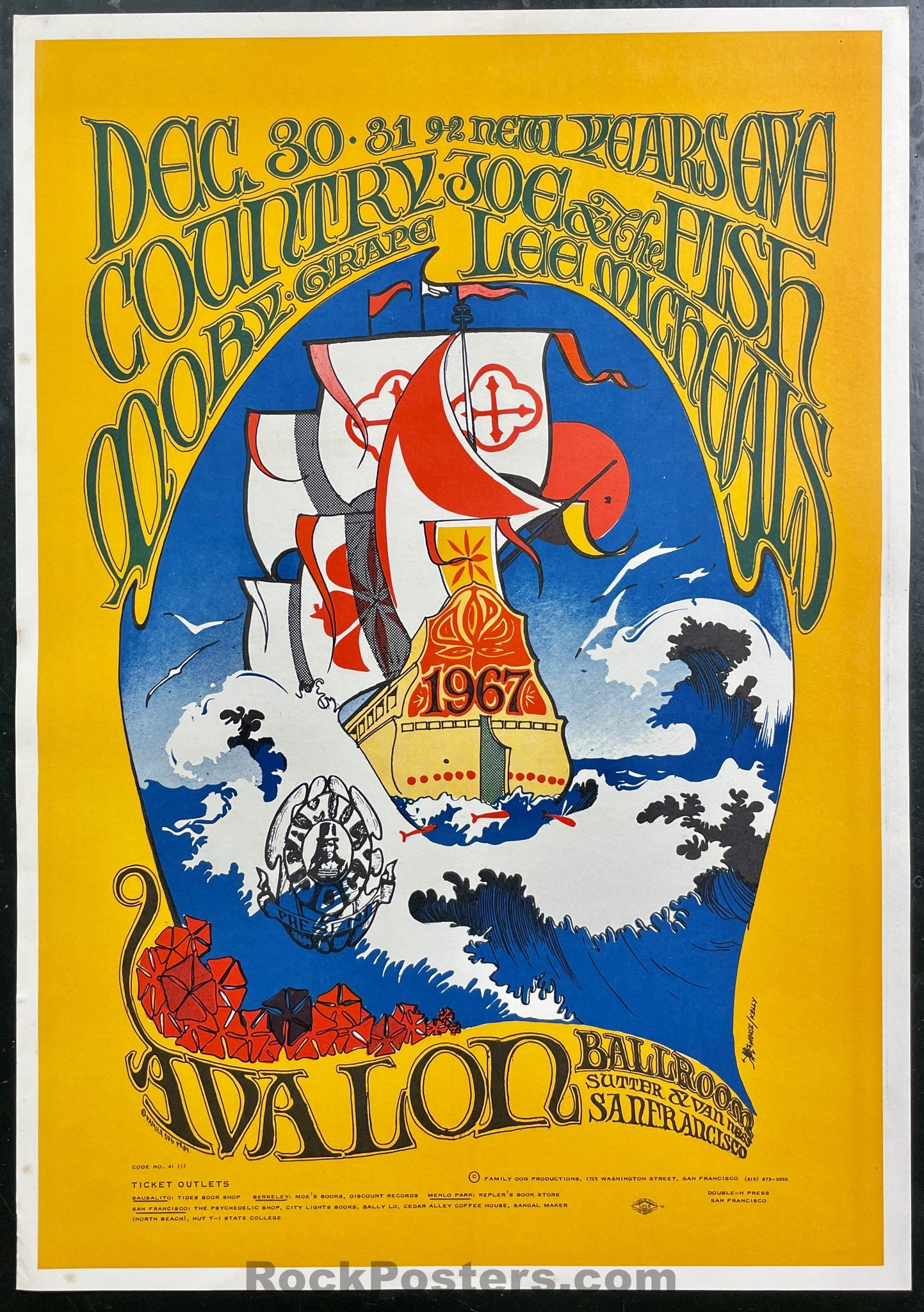 AUCTION -  FD-41 - Country Joe Moby Grape  - Stanley Mouse - 1966 -67 Uncut Poster - Avalon Ballroom - Near Mint Minus