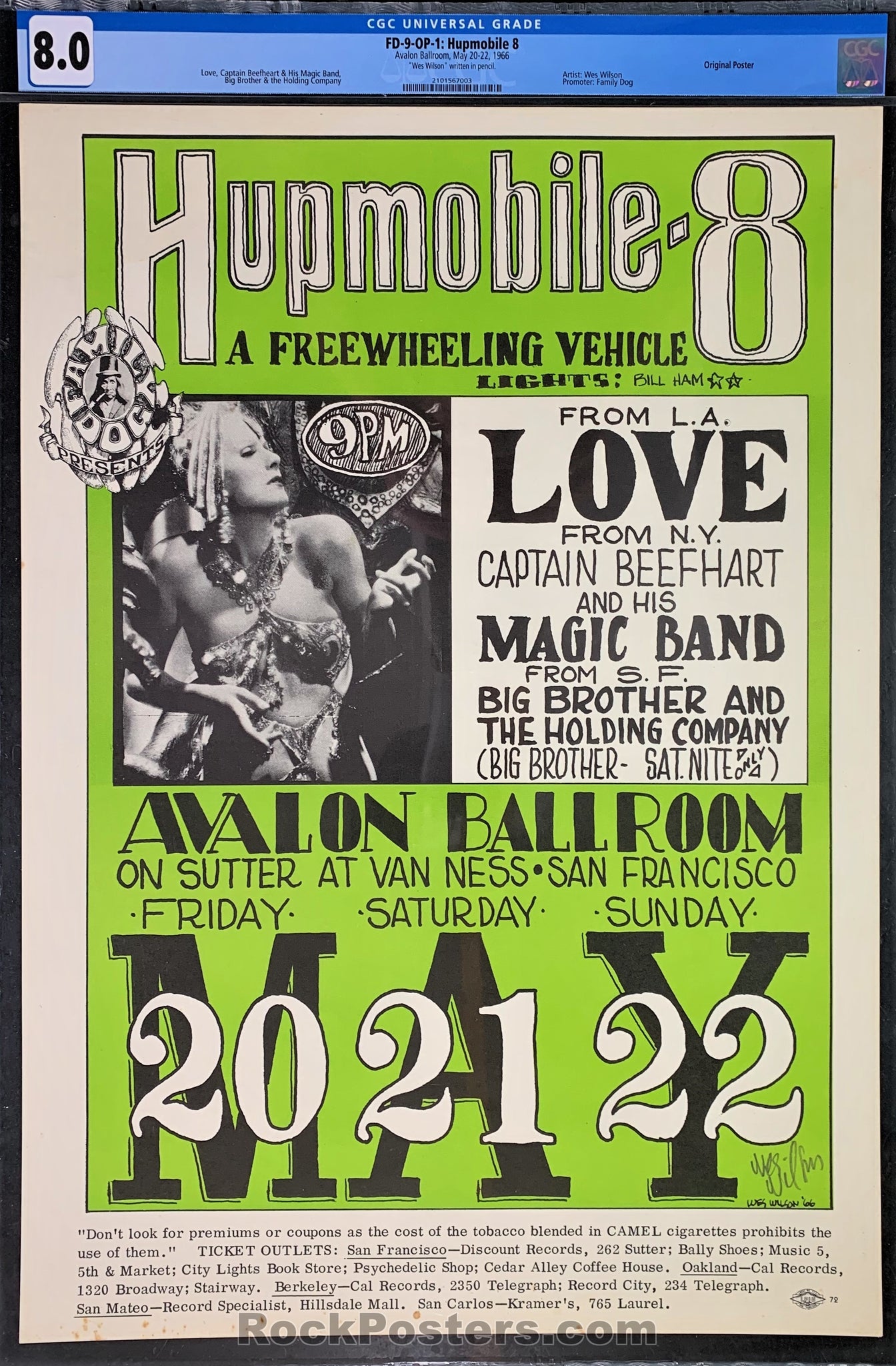 AUCTION -  FD-9 - Beefheart Love - 1966  Poster - Wes Wilson Signed - Avalon Ballroom - CGC Graded 8.0