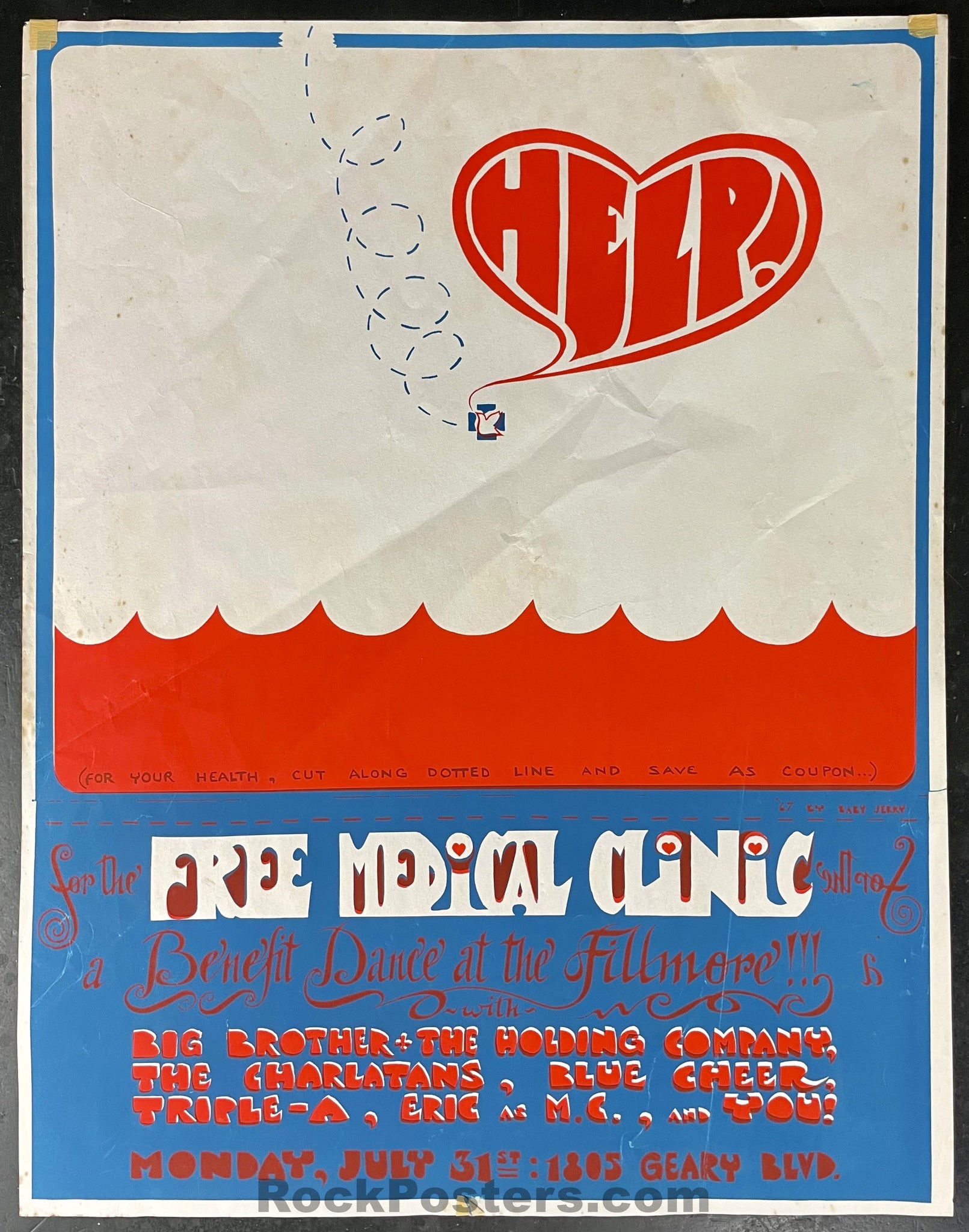 AUCTION - Big Brother Janis Joplin - Charlatans Blue Cheer - Benefit 1967 Poster - Fillmore Auditorium - Excellent