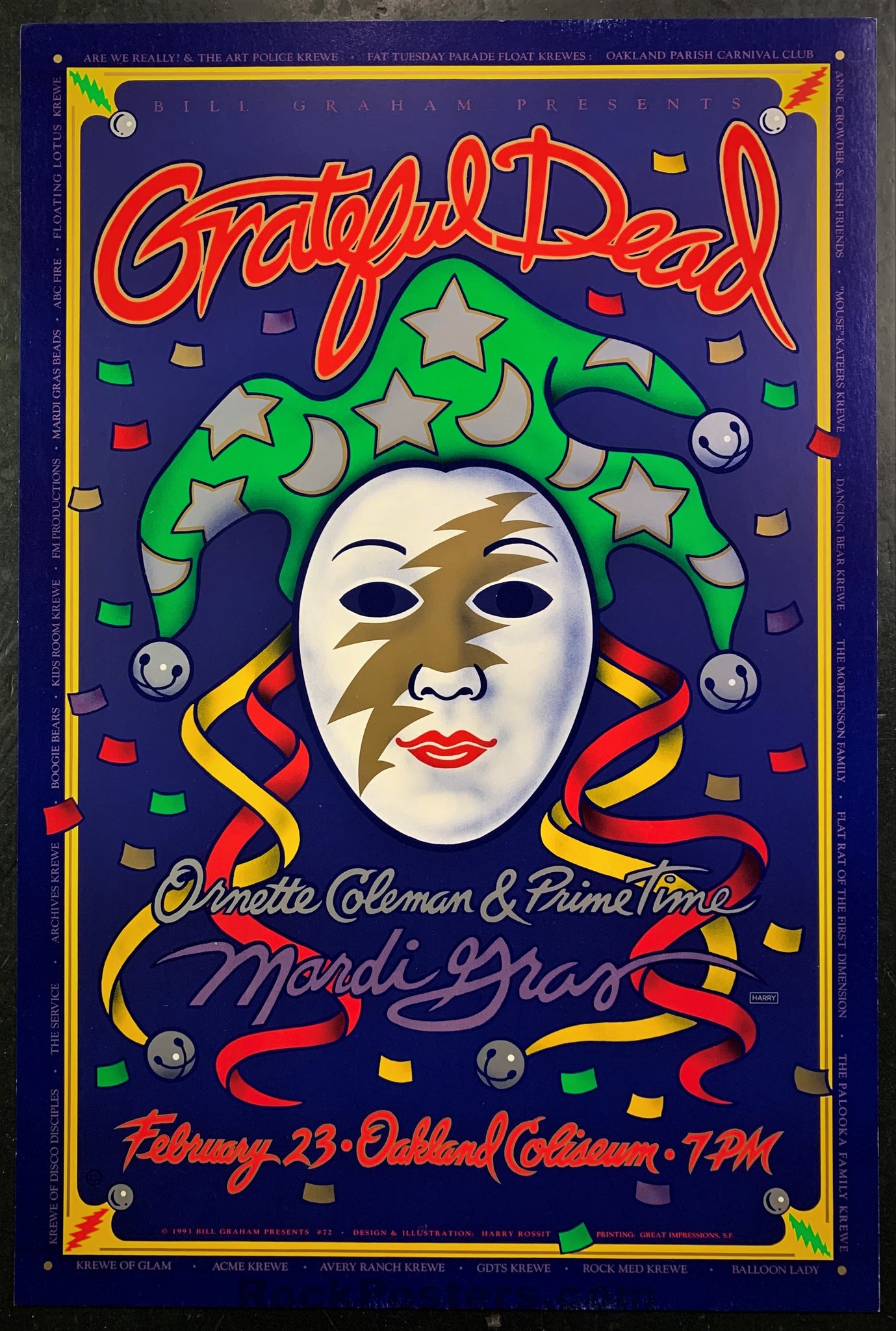 BGP-72 - Grateful Dead - Ornette Coleman - Mardi Gras 1993 Poster - Oakland Coliseum - Near Mint Minus