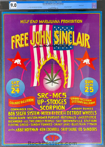 AUCTION - AOR 4.193 - Free John Sinclair - Bob Seger Stooges - 1970 Poster - Grande Ballroom - CGC Graded 9.0