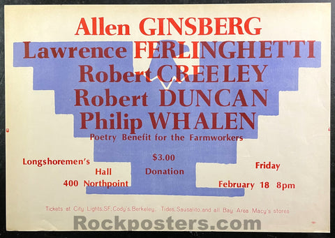 AUCTION - Allen Ginsberg Poetry Benefit - 1966 Poster - Longshoremen's Hall - Excellent