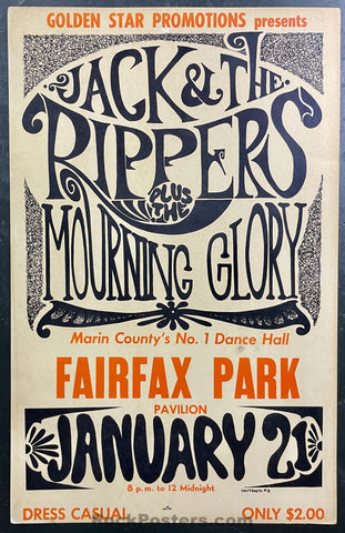 AUCTION - Jack & The Rippers - Golden Star - 1967 Board Poster - Fairfax Park Marin - Excellent