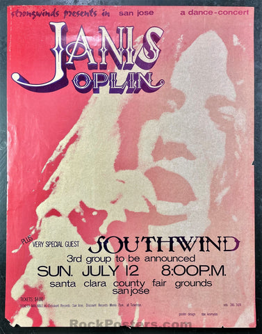 AUCTION - Janis Joplin & Her Band - Stevie Nicks - 1970 Poster - San Jose - Good