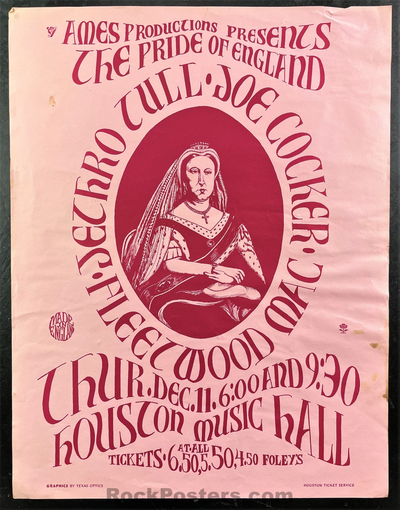 AUCTION - Joe Cocker Fleetwood Mac Jethro Tull - 1969 Poster - Houston - Very Good