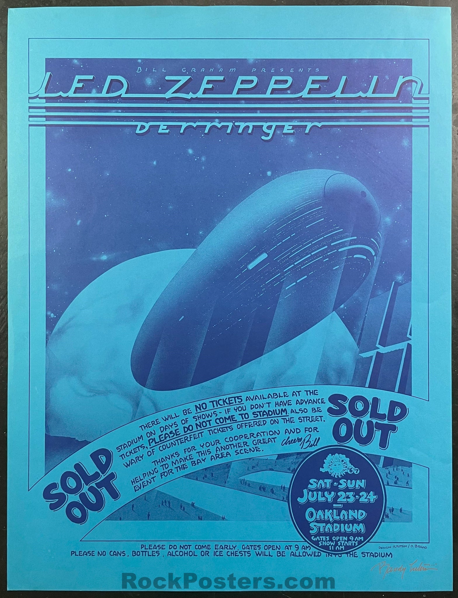 AUCTION - Led Zeppelin - Randy Tuten Signed - 1977 Poster - Oakland Stadium - Excellent