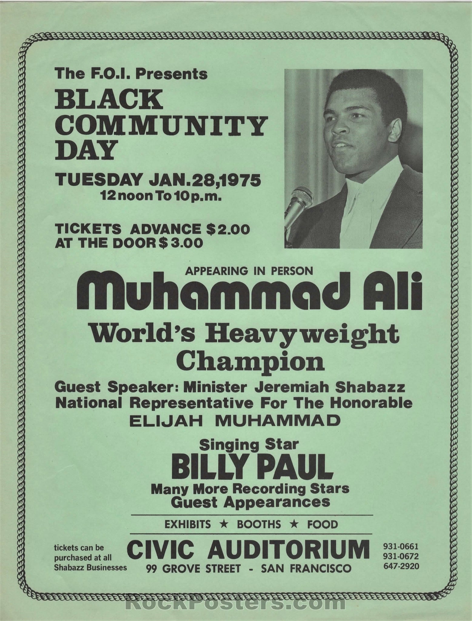 AUCTION - Muhammad Ali - Civic Center San Francisco - 1975 Handbill - Near Mint Minus