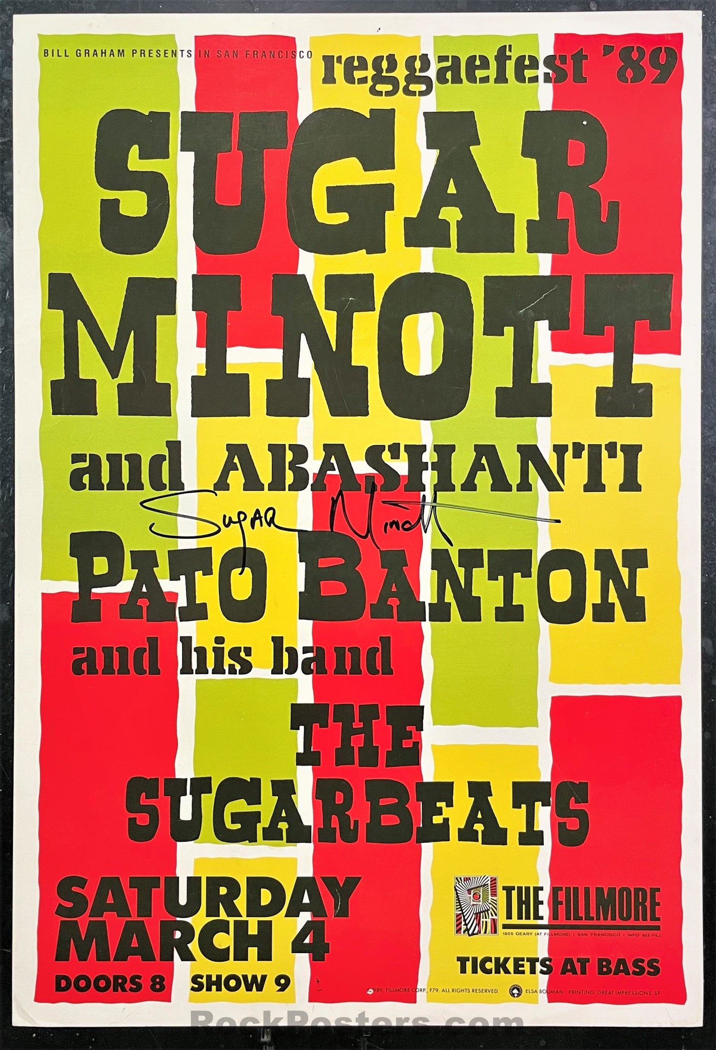 AUCTION - NF-79 - Sugar Minott - Signed - 1989 Poster - The Fillmore - Excellent