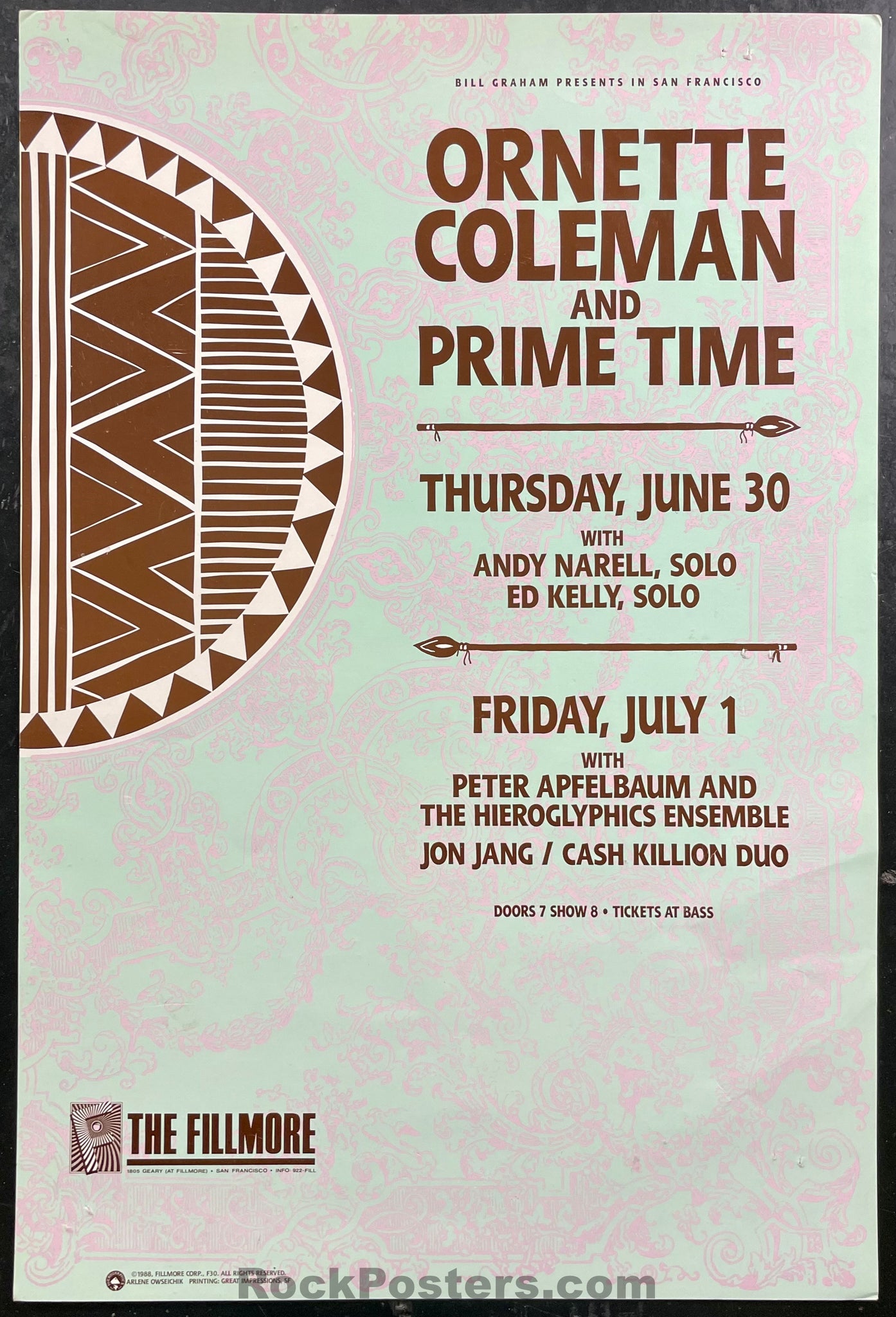 NF-30 - Ornette Coleman - & Prime Time - 1988 Poster - The Fillmore - Near Mint Minus