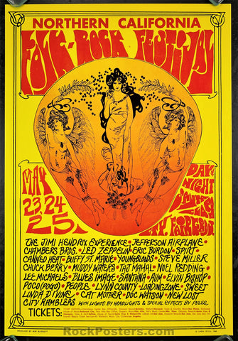 AUCTION - Northern California Folk Rock Festival  - Jimi Hendrix Led Zeppelin 1969 Fillmore Era Poster -  Near Mint