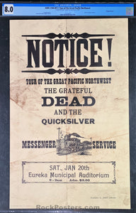 AUCTION - AOR 3.104 - Grateful Dead - Notice - 1968 Poster - Eureka Auditorium - CGC Graded 8.0