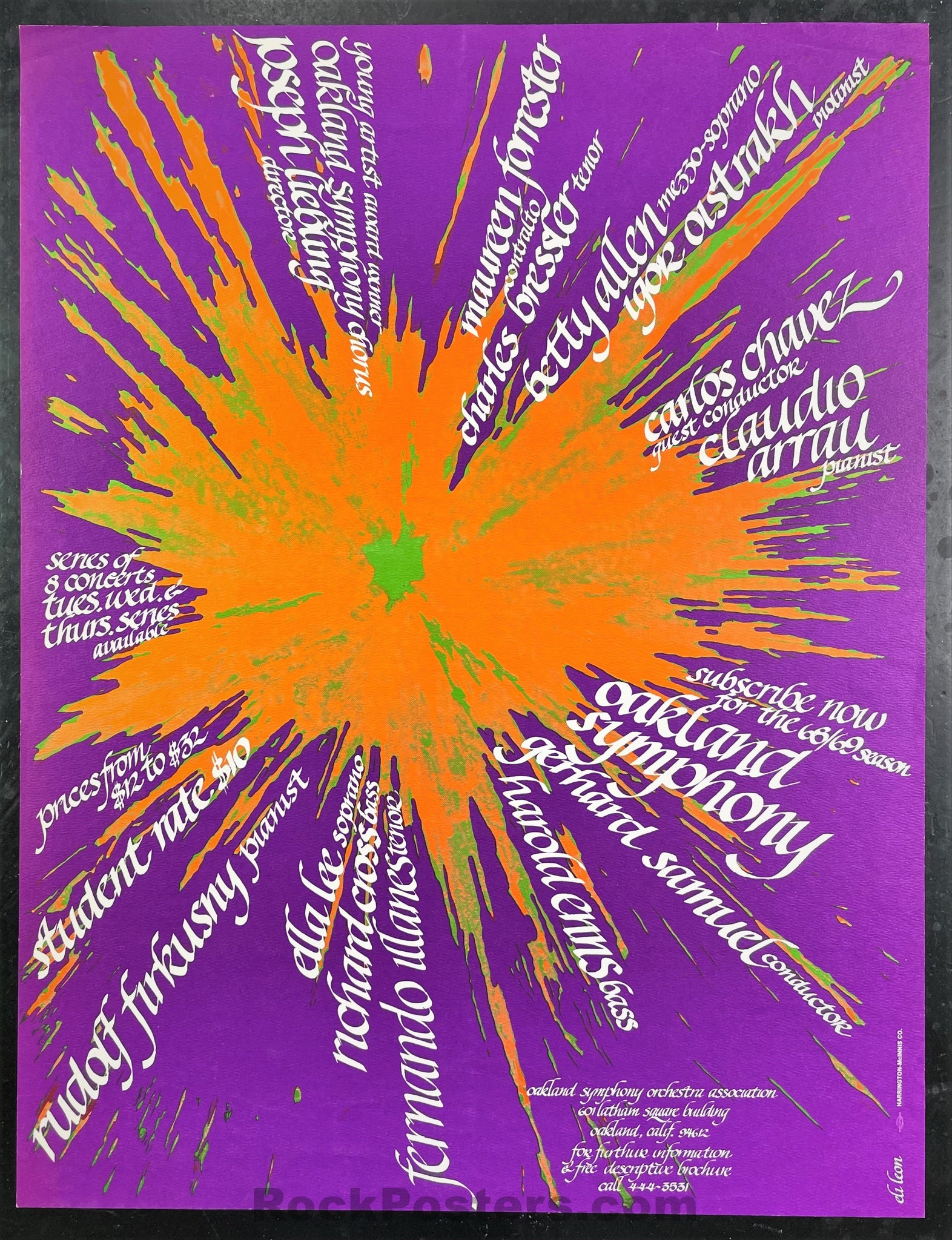 AUCTION - Psychedelic - Oakland Symphony Schedule - 1968/69 Poster - Near Mint Minus