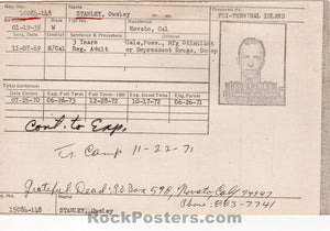 AUCTION - LSD - Owsley Stanley - Grateful Dead - 1971 Sentence Data Summary Card - Very Good