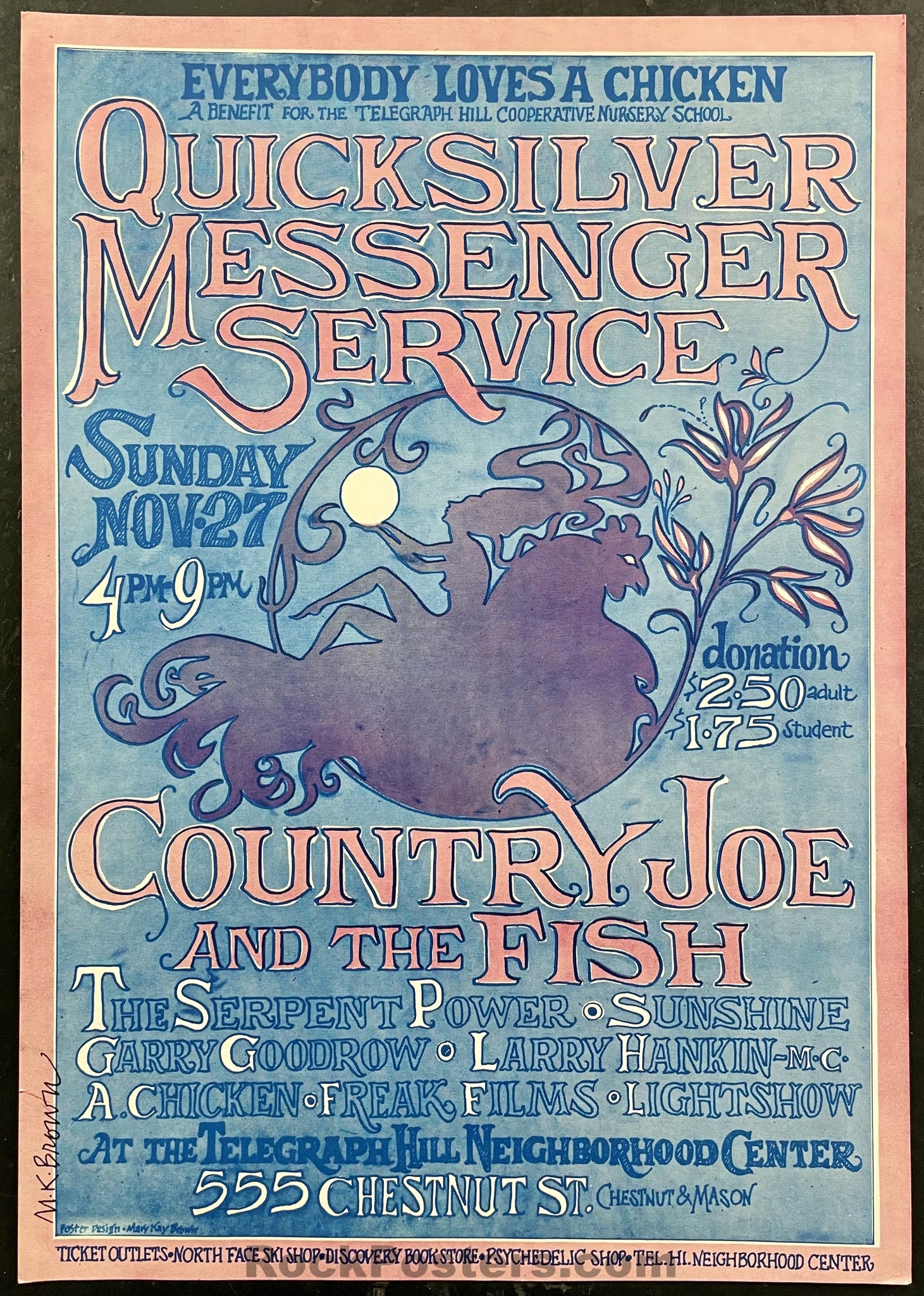 AUCTION - QuicksIlver Messenger  - Mary Kay Brown Signed - 1968 Benefit Poster - San Francisco - Excellent