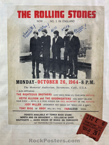 AUCTION - Rolling Stones - Sacramento 1964 Concert Handbill & Ticket - Good
