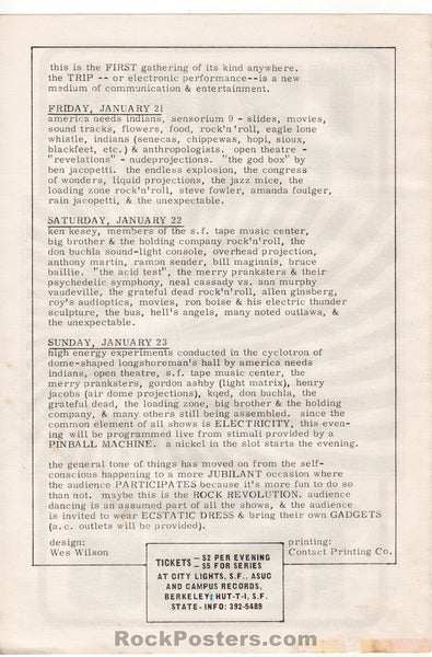 AUCTION - AOR 2.42 - LSD Trips Festival Grateful Dead Ken Kesey 2-Sided 1966 Handbill - Longshoremens Hall  - Excellent