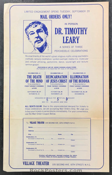 AUCTION - LSD Timothy Leary - 1966 NYC Psychedelic Celebration Handbill - Village Theater - Condition - Excellent