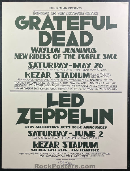 AUCTION - Grateful Dead Led Zeppelin - Randy Tuten Signed - 1973 Poster - Kezar Stadium - Excellent