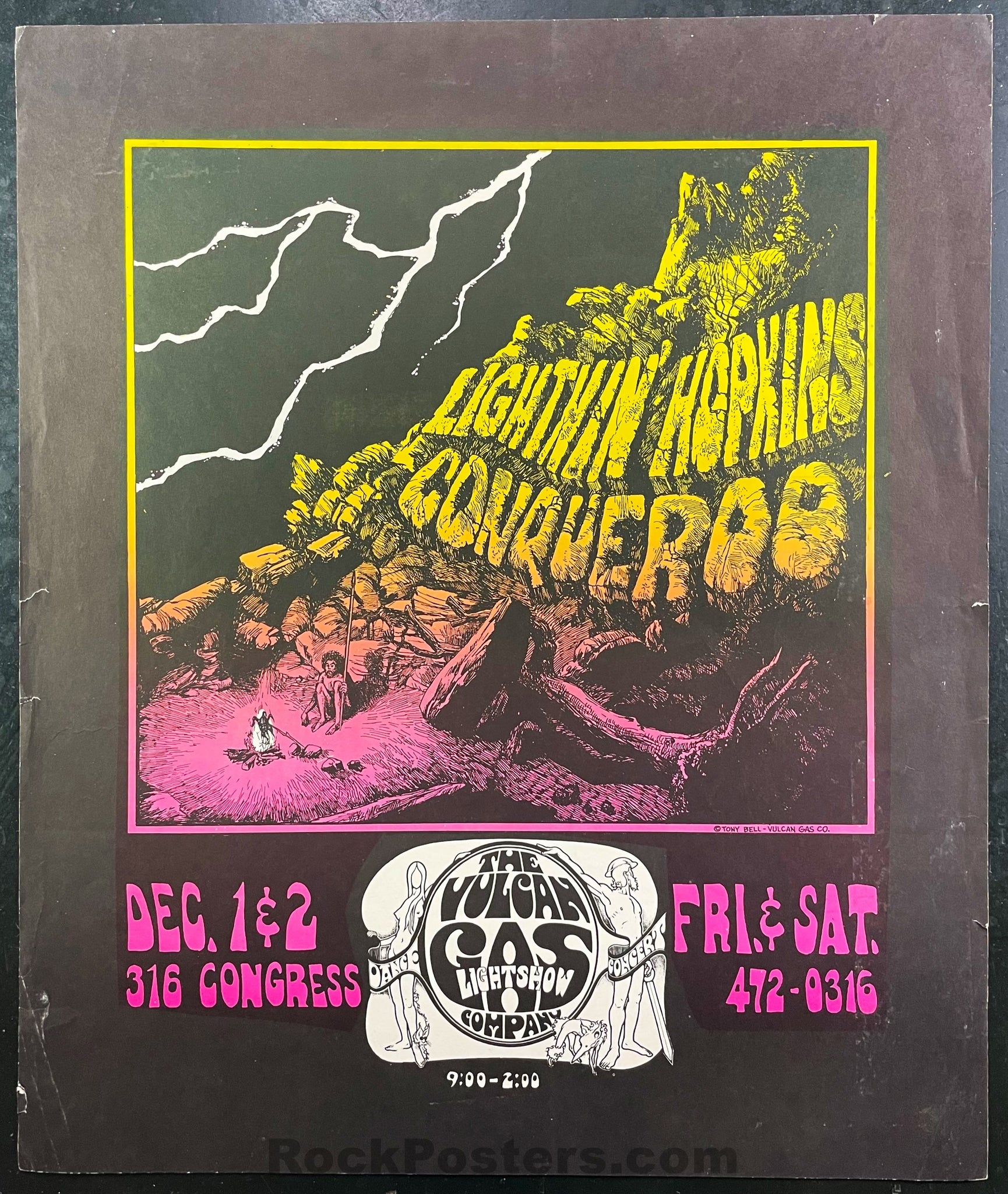 AUCTION - Vulcan Gas - Lightnin' Hopkins Conqueroo - Tony Bell - 1967 Poster - Good