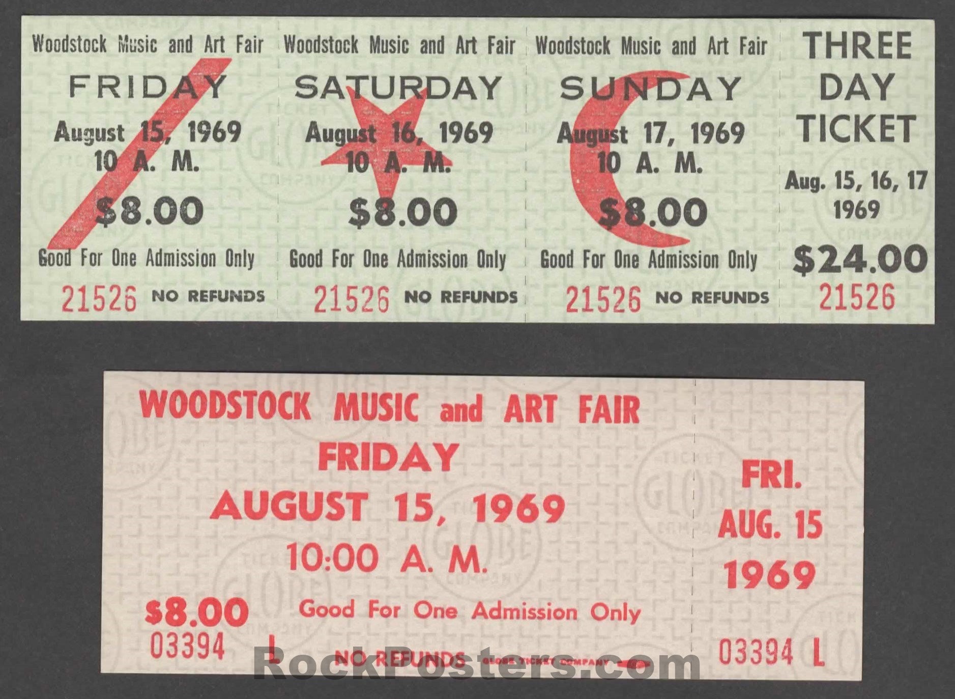AUCTION - Woodstock - Jimi Hendrix  Santana - Lot of Two 1969 Tickets - Near Mint