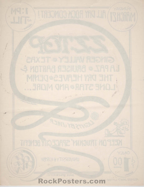 AUCTION - ZZ Top - Houston Benefit - Artist SIGNED - 1971 Handbill - Near Mint Minus