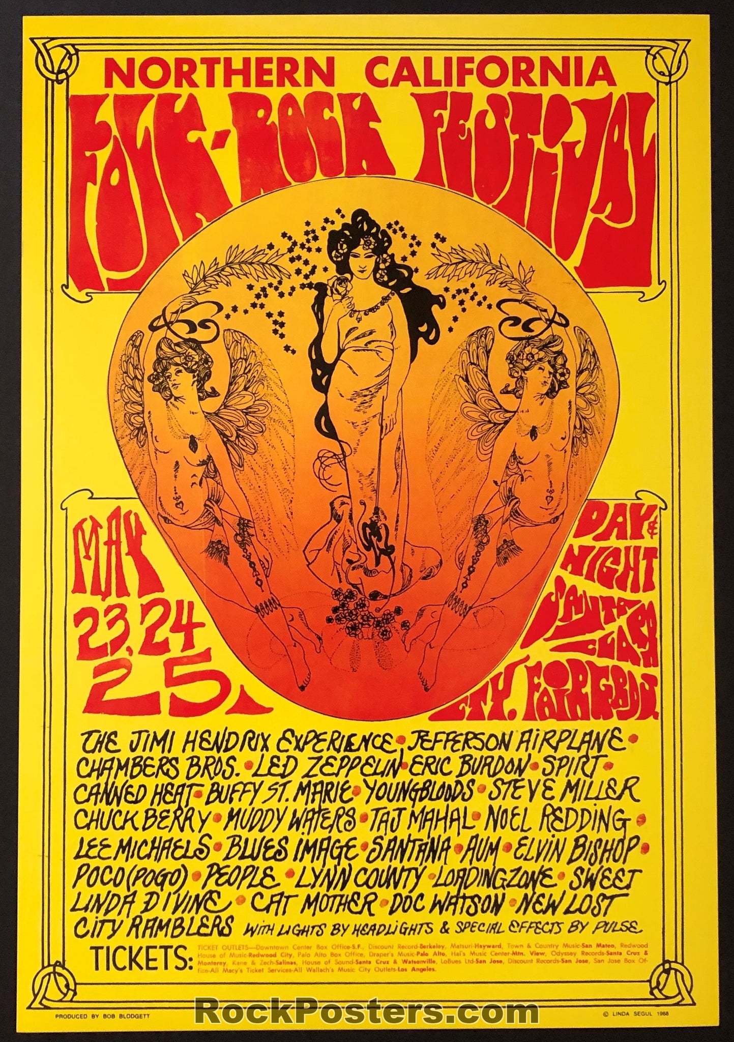 AUCTION - Jimi Hendrix Led Zeppelin - 1969 Northern California Folk Rock Festival - 1969 Poster  - Santa Clara Fairgrounds - Mint